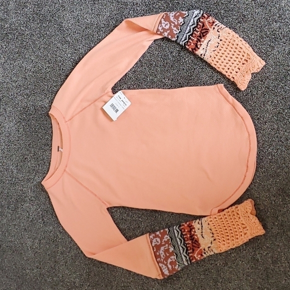 NWT Free People Mix Thermal Cuff Long Sleeve Top Y2K women boho - Picture 6 of 13